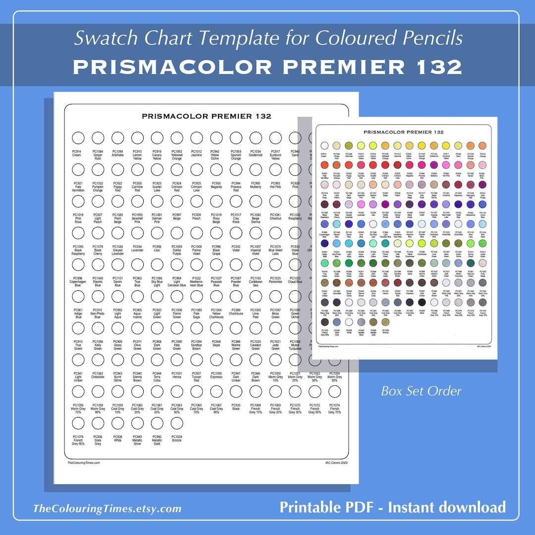 132 Prismacolor Premier Swatch PDF Printable Palette Prismatic Chart For Prisma Pencil Set Digital Template By TCT Etsy
