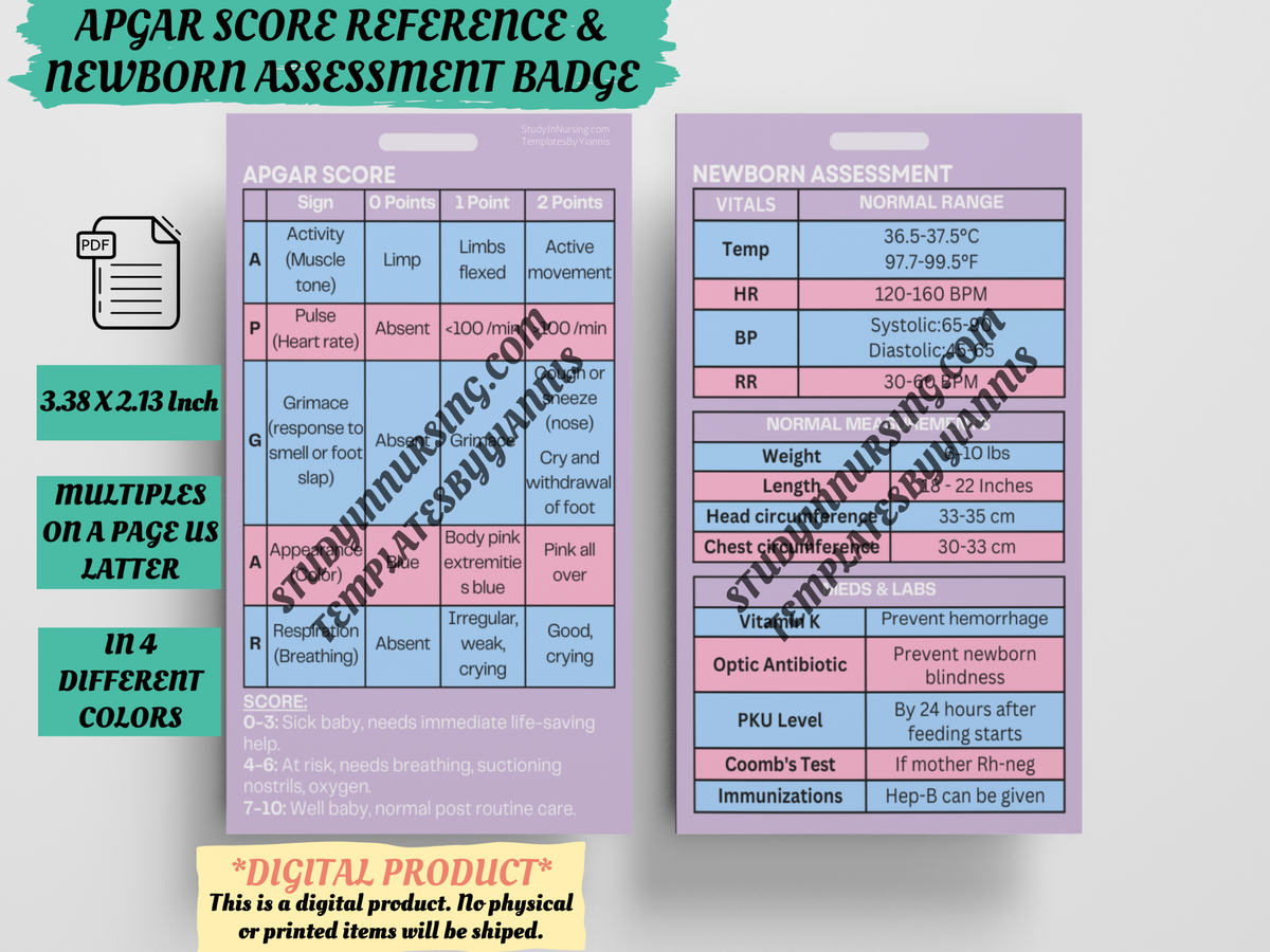 APGAR Score Reference Newborn Assessment Badge Buddy Card Study In Nursing
