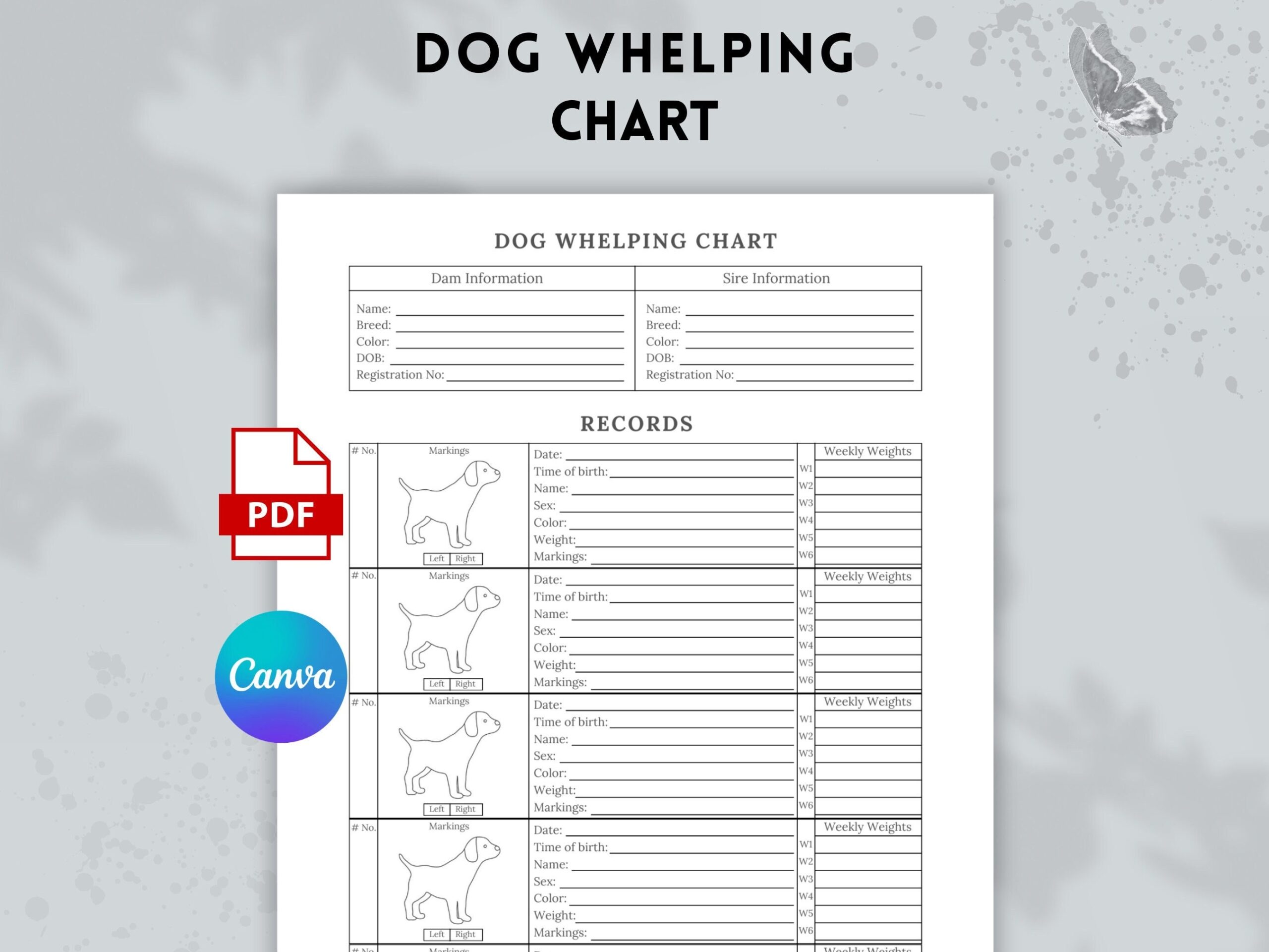 Dog Whelping Chart Template Puppy Weight Tracker Digital Download Etsy Israel