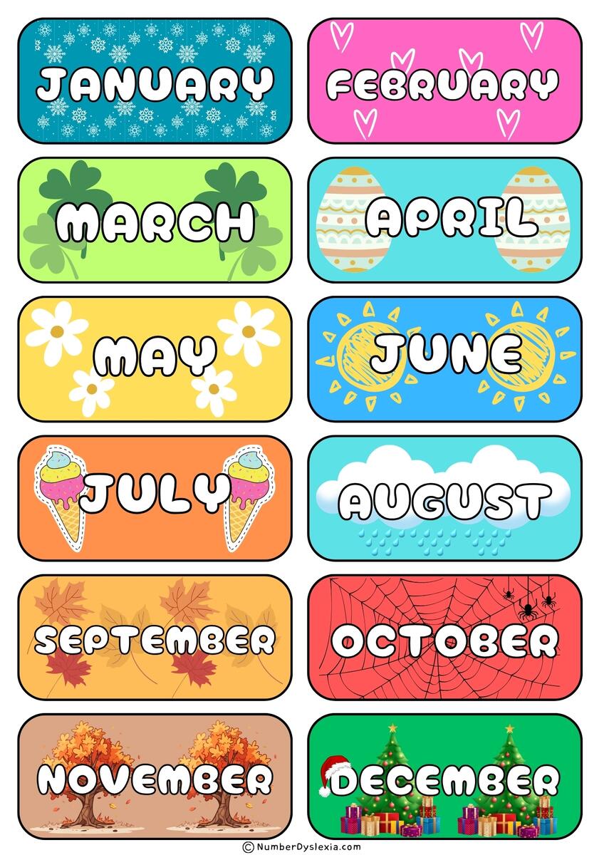 Free Printable Months Of The Year Charts PDF Number Dyslexia