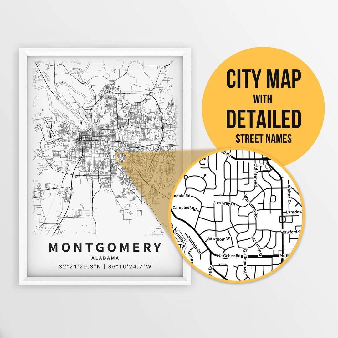 Printable Map Of Montgomery Alabama USA With Street Names Instant Download City Map Travel Gift City Poster Road Map Print Etsy