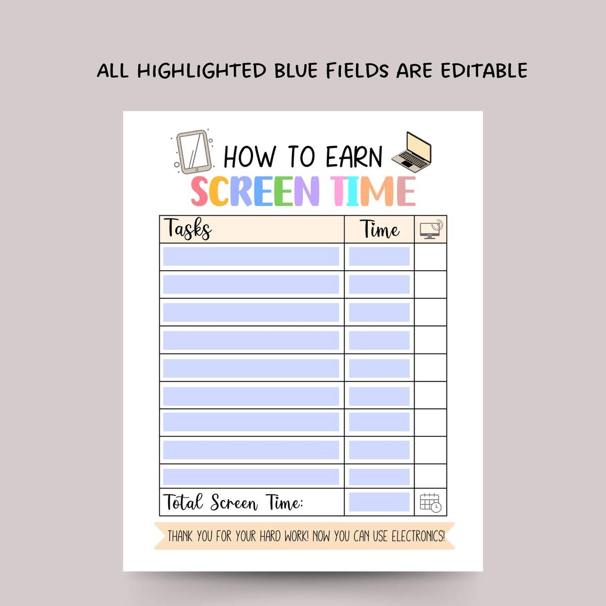 Editable Screen Time Chart Kids Printable Digital Screen Time Chore Chart Kids Chore Checklist Chore List Screen Time Tracker PDF Etsy Sweden