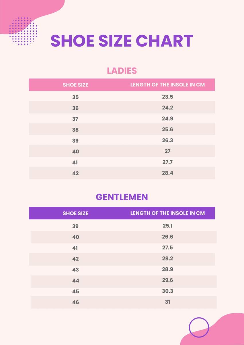Shoe Size Chart In Illustrator PDF Download Template