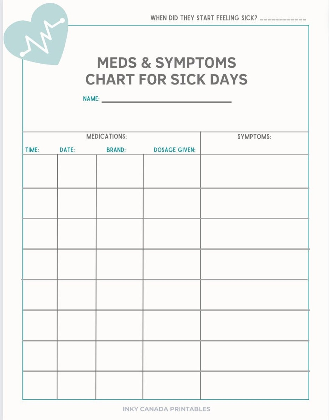 SICK DAY Meds Symptoms Chart PRINTABLE Etsy