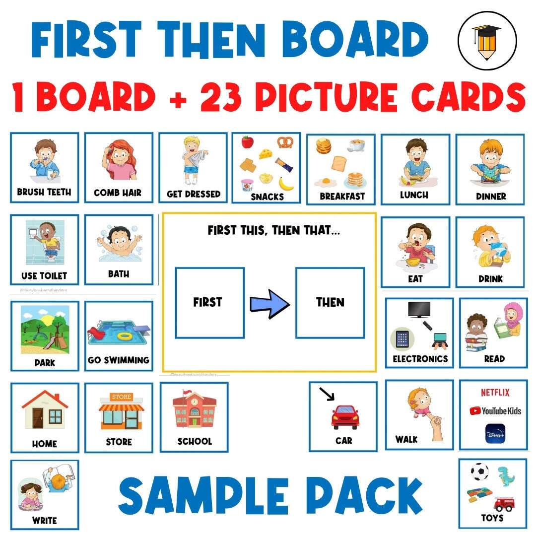 1 BOARD 23 PICTURE CARDS First Then Board Visual Aid Visual Schedule Toddler Behavior Chart Task Card Autism Communication