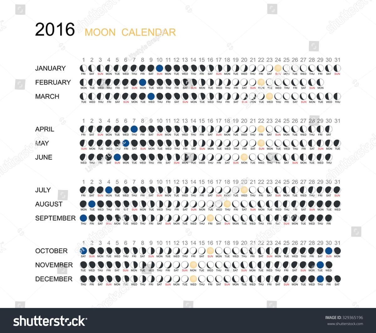 2016 Calendar With Moon Phases Royalty Free Vector VectorStock
