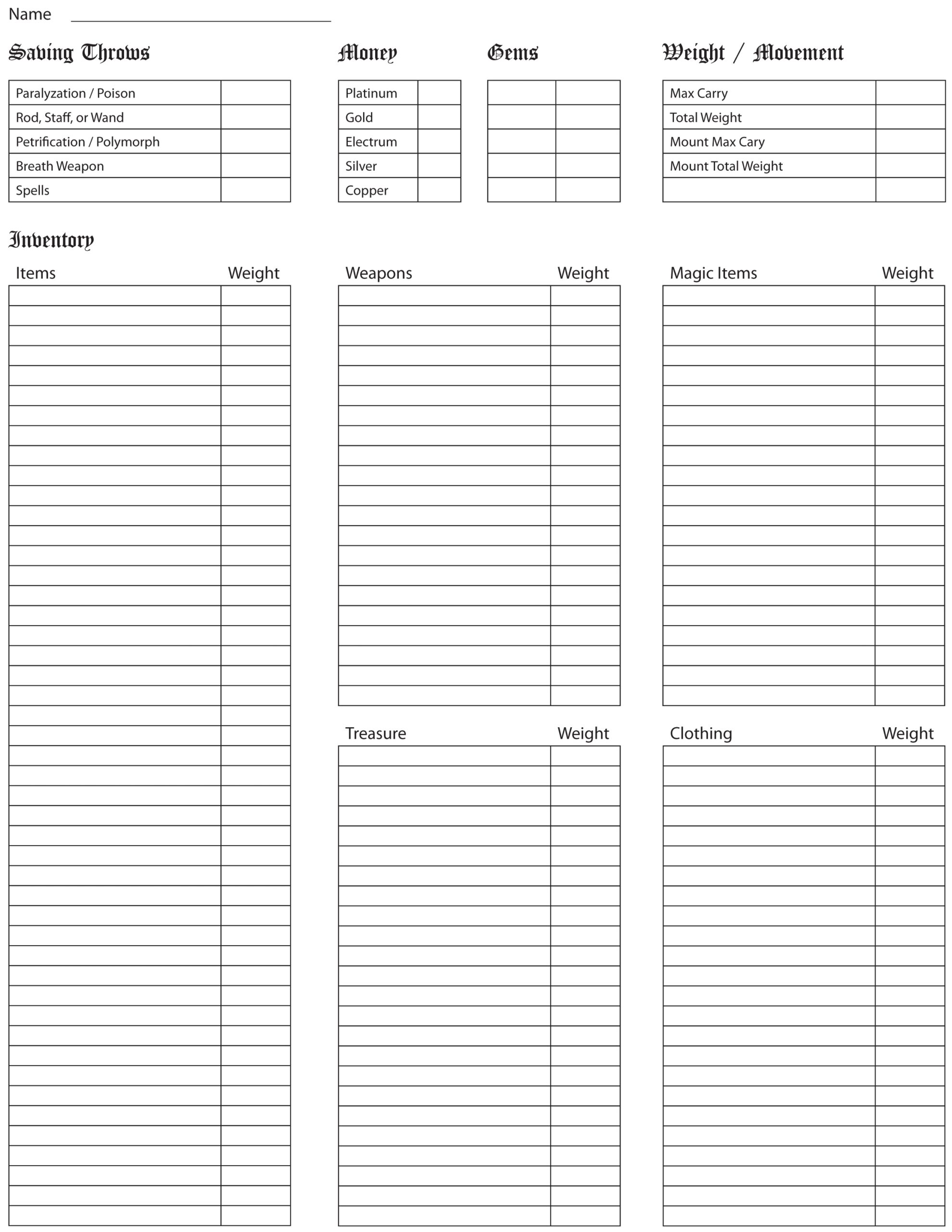 AD D Character Sheets