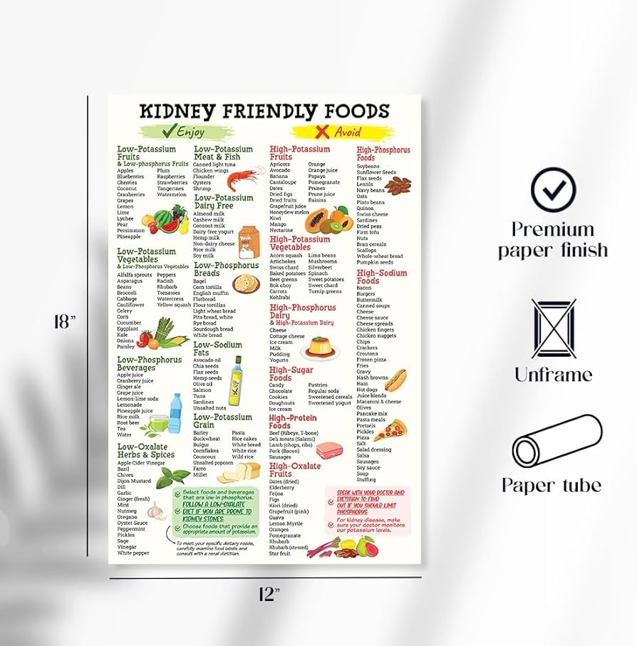 Amazon Kidney Friendly Food List Poster 12 X18 Unframed Kidney Awareness Kidney Diet List Low Potassium Grocery List Shopping List Food Guide For Beginner Kidney Diet Plan List Posters Prints