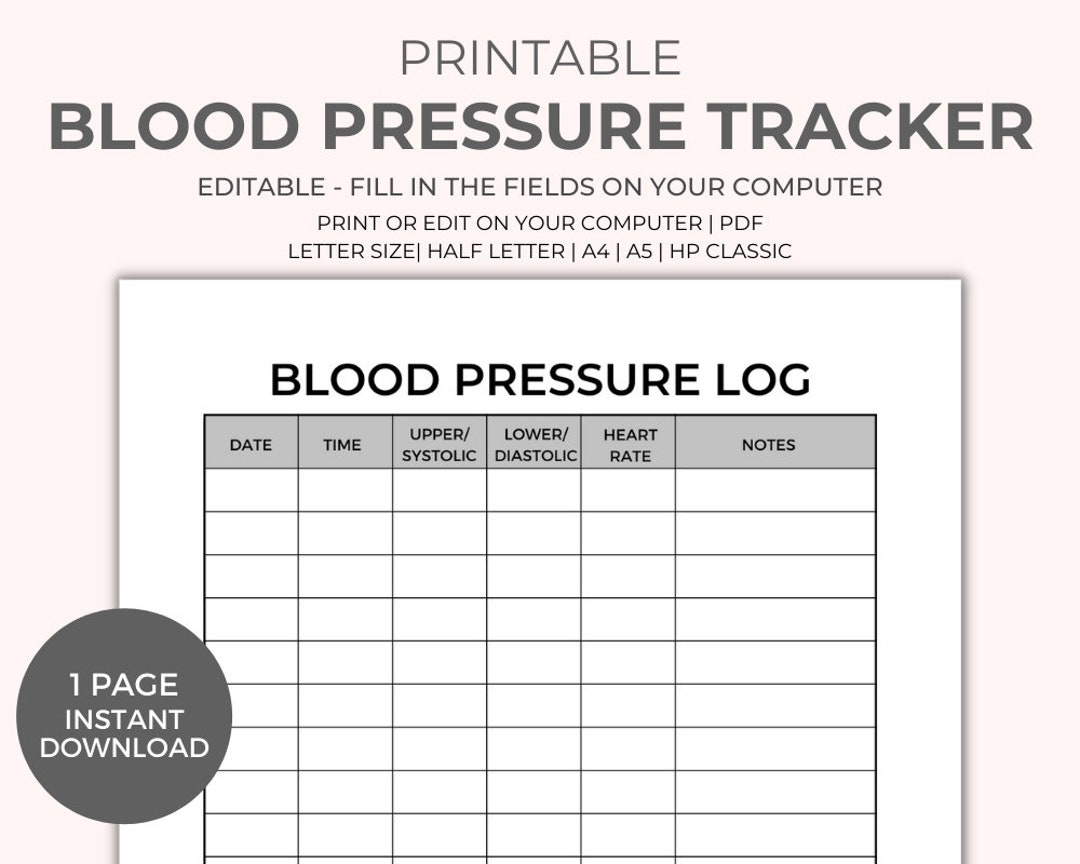 Blood Pressure Log Editable Printable Blood Pressure Tracker Medical Tracker BP Tracker Daily Blood Pressure Blood Pressure Chart Etsy