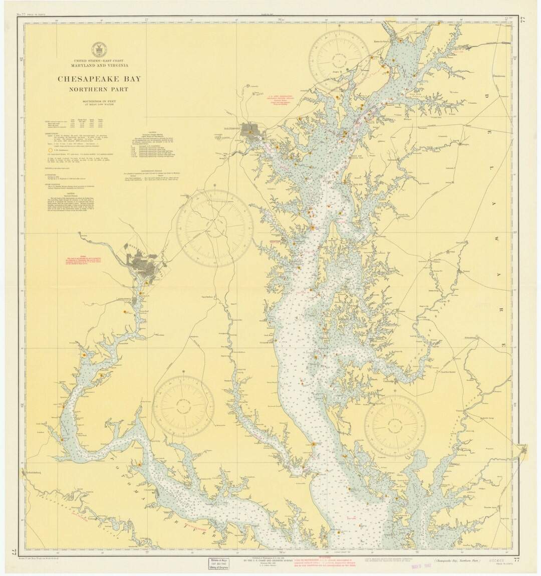 Chesapeake Bay Map Northern Part 1942 Nautical Chart Print Etsy
