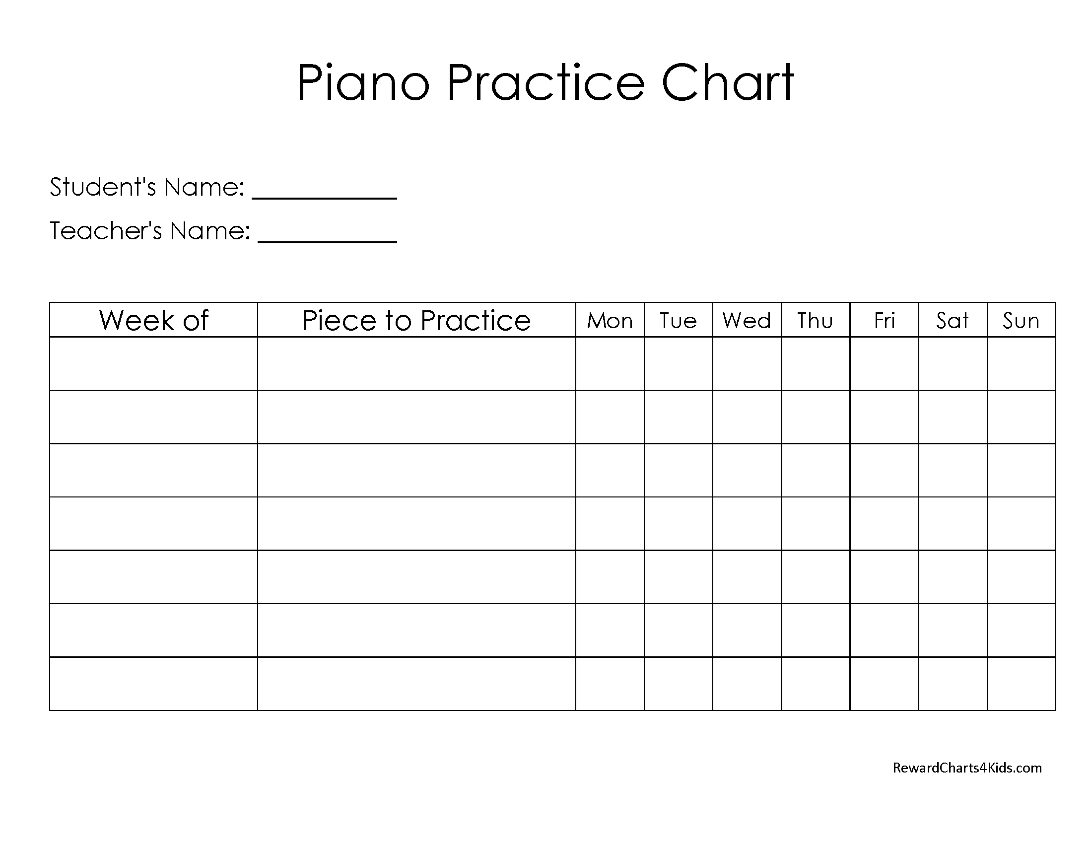 Piano Weekly Practice Chart Printable Practice Charts For Music Students And Teachers Etsy