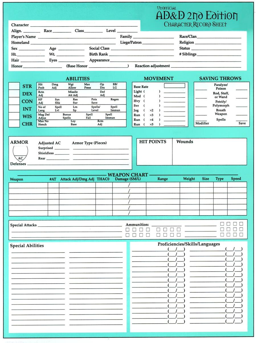 AD D Character Sheets