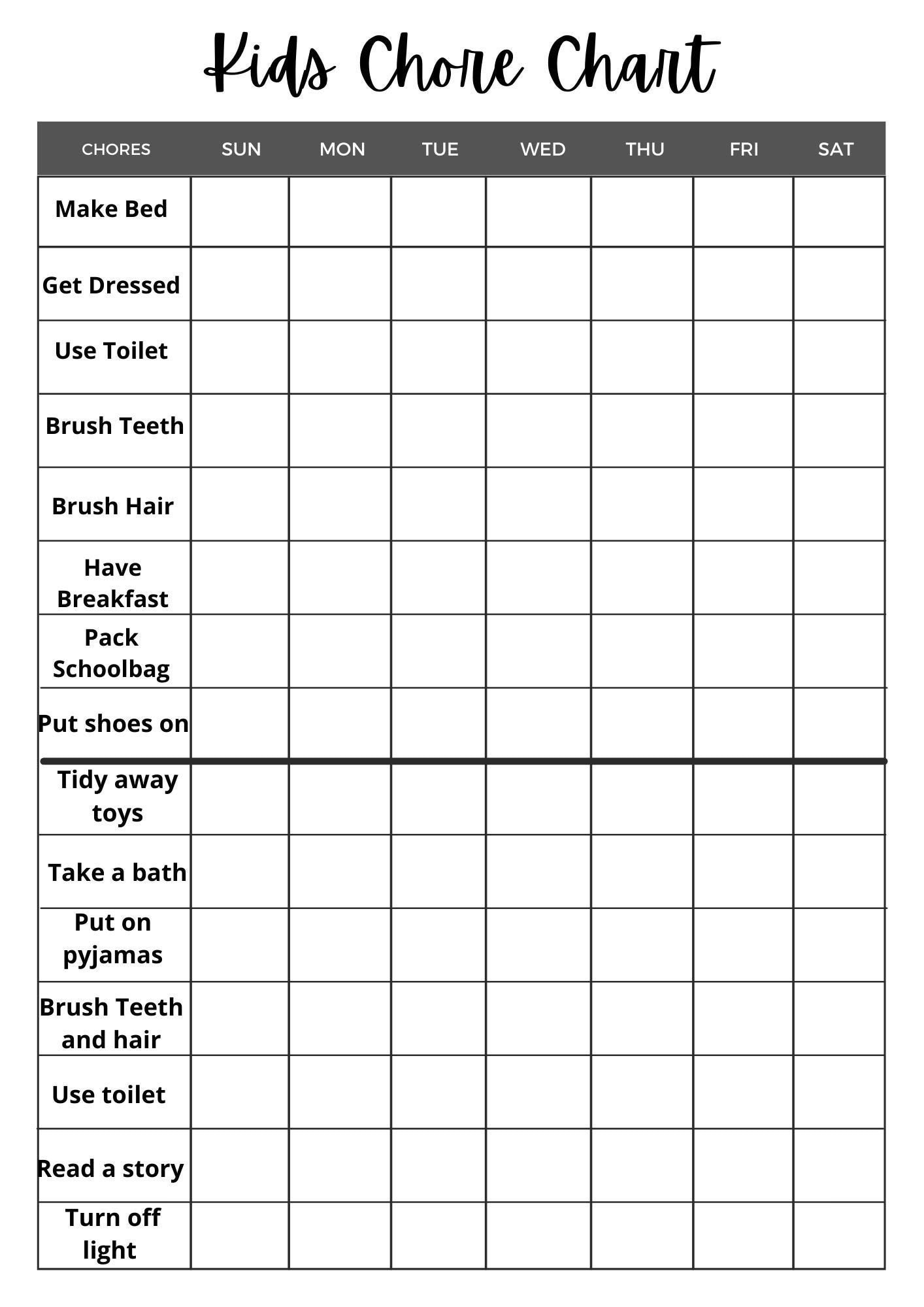 Free Printable Chore Charts For Kids By Age
