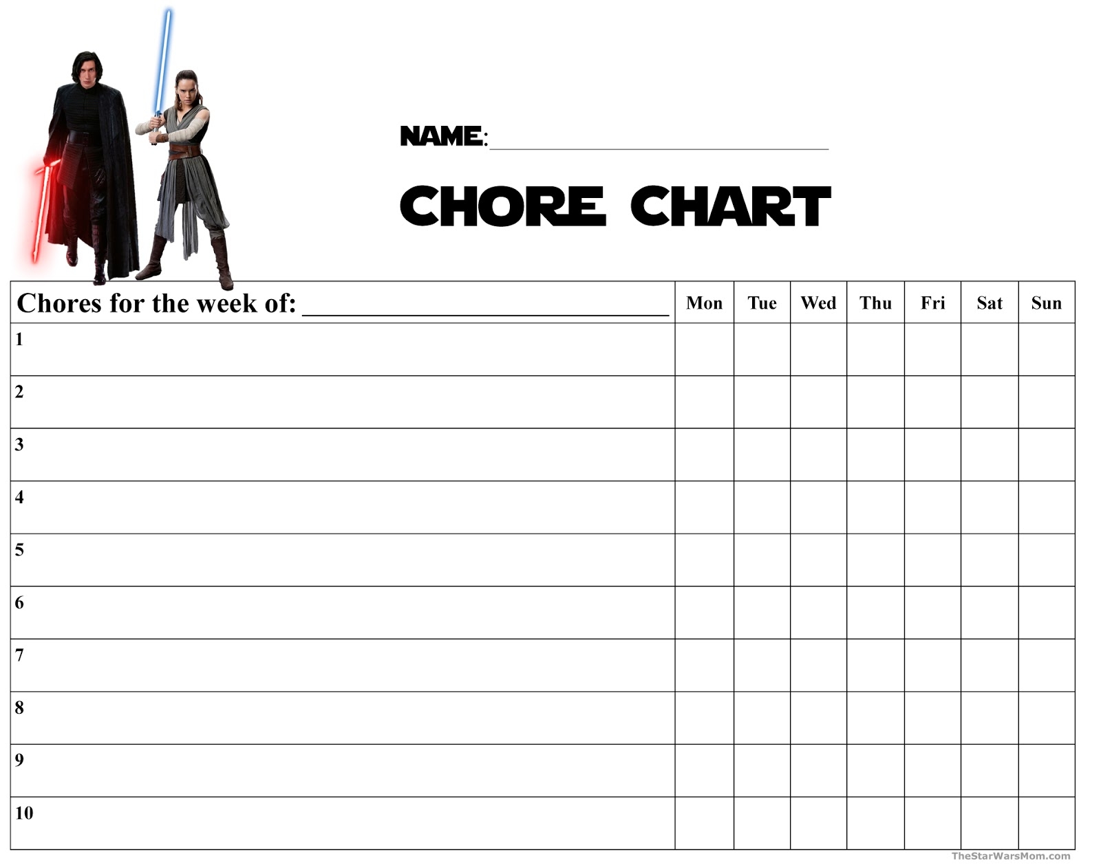 Kylo Ren And Rey Chore Chart Star Wars The Last Jedi The Star Wars Mom Parties Recipes Crafts And Printables
