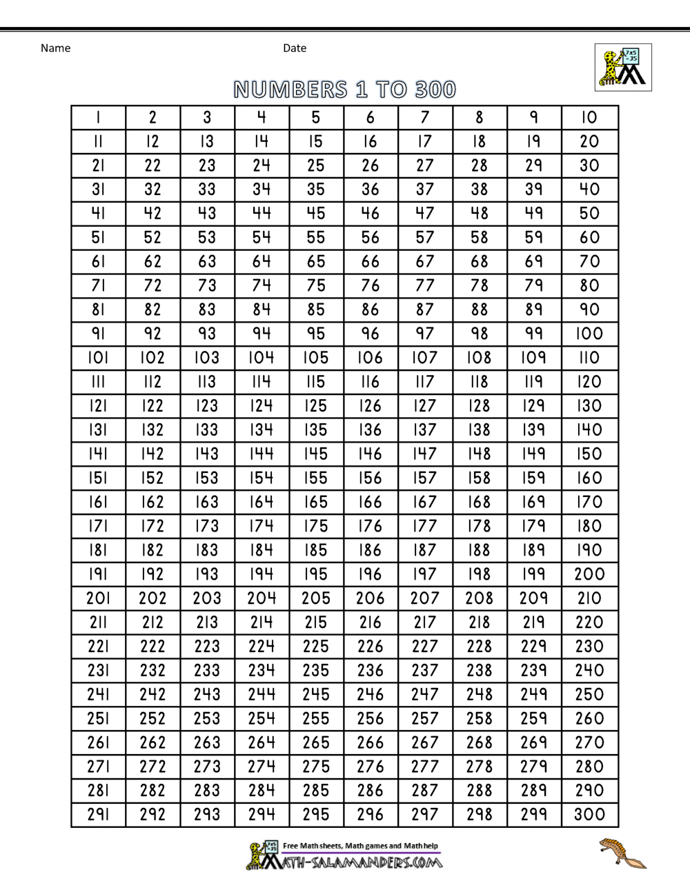 Large Numbers 1 300 10 Free PDF Printables Printablee