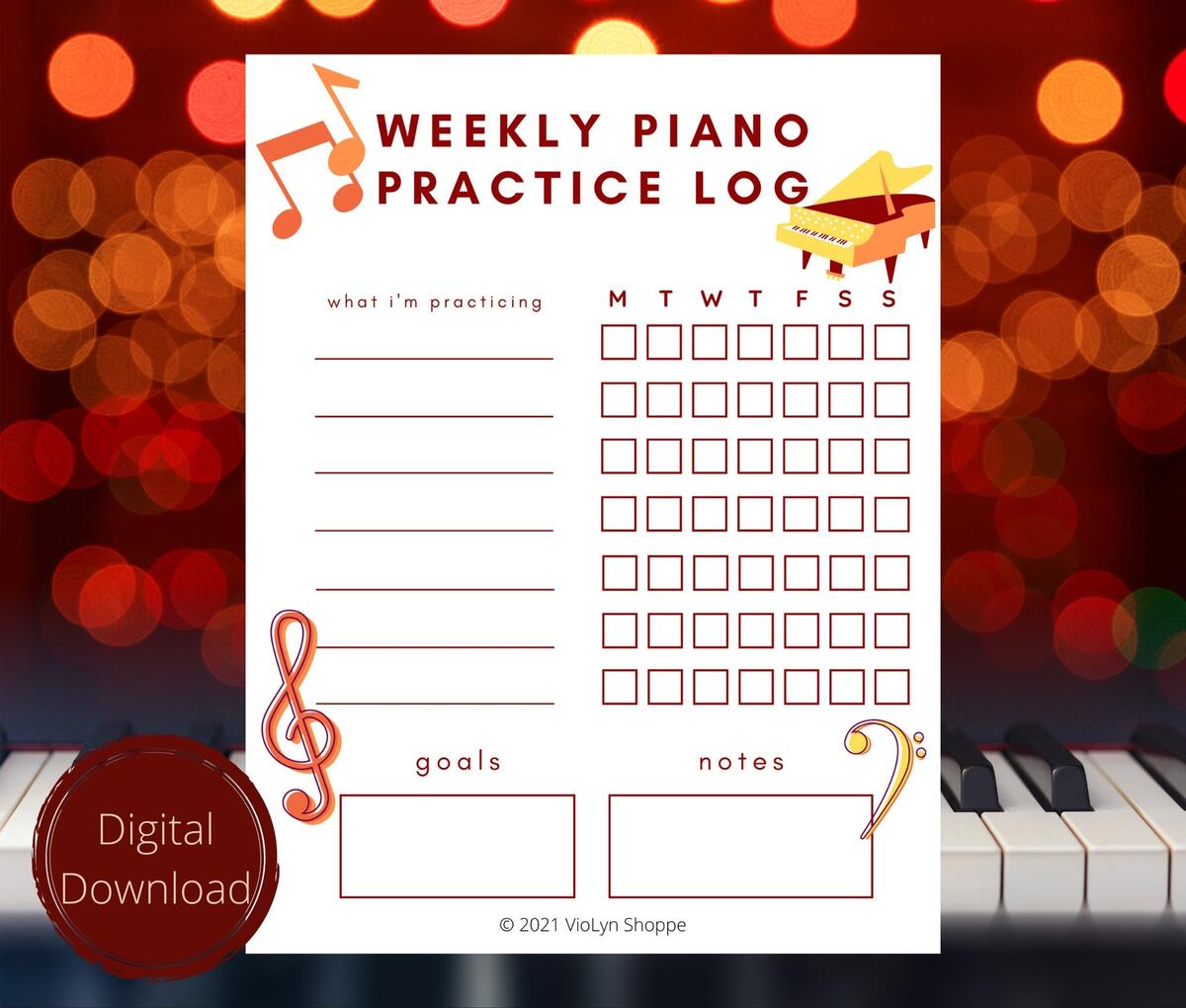 Piano Weekly Practice Chart Printable Practice Charts For Music Students And Teachers Etsy