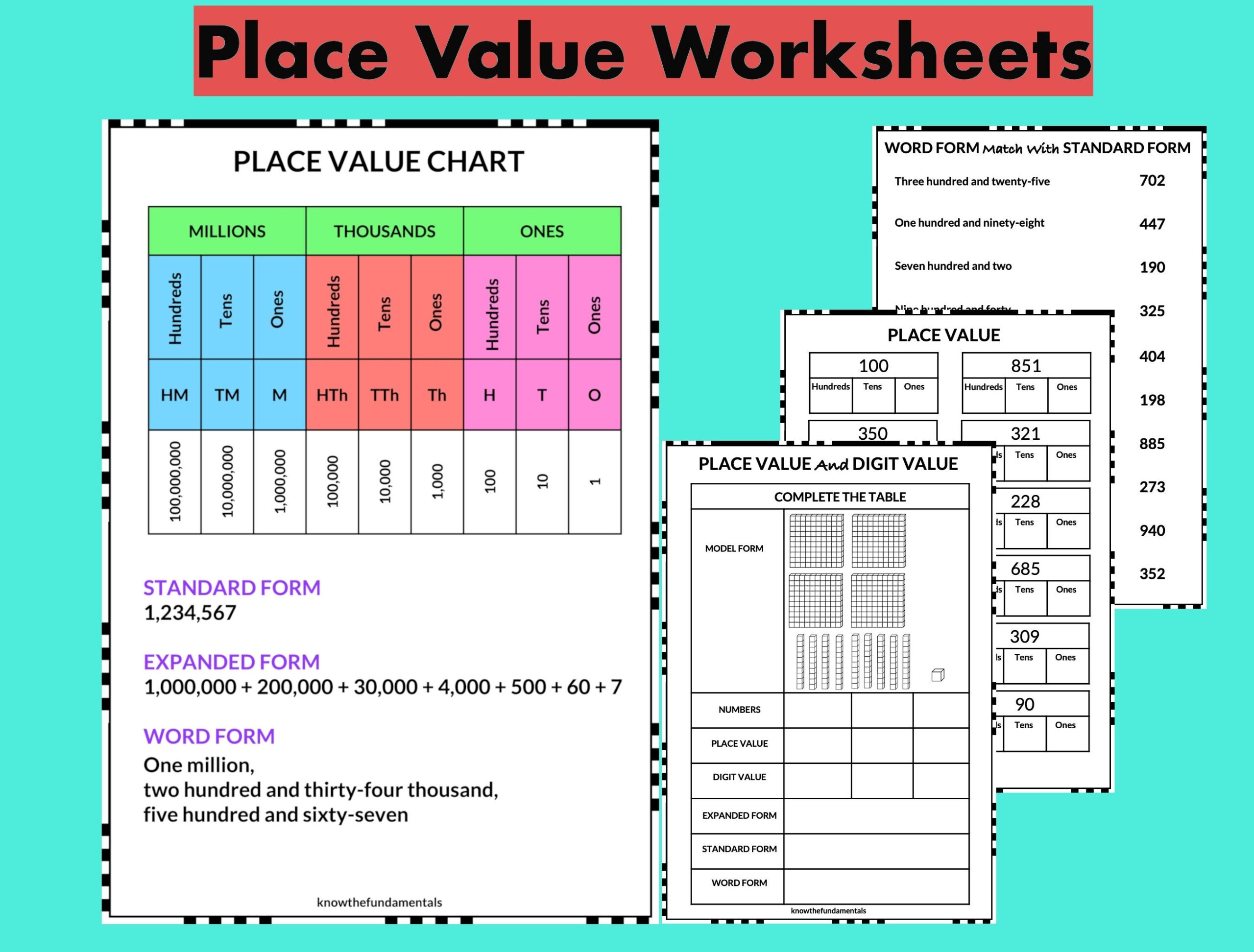Place Value Worksheet Place Value Chart Poster Mat Expanded Form Standard Form Word Form Maths Practice Sheets For Grade 1 Grade 2 Etsy