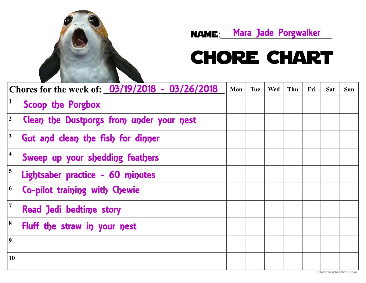 Porg Chore Chart Star Wars Porgs The Last Jedi The Star Wars Mom Parties Recipes Crafts And Printables