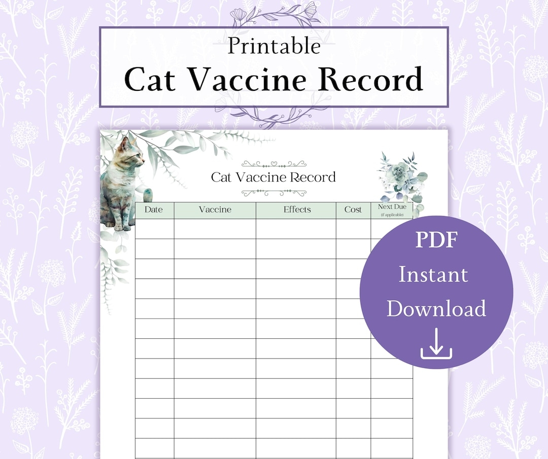 Printable Cat Vaccine Health Record PDF Pet Health Tracker Pet Vaccine Tracker Pet Medical Record Cat Immunization Chart Etsy