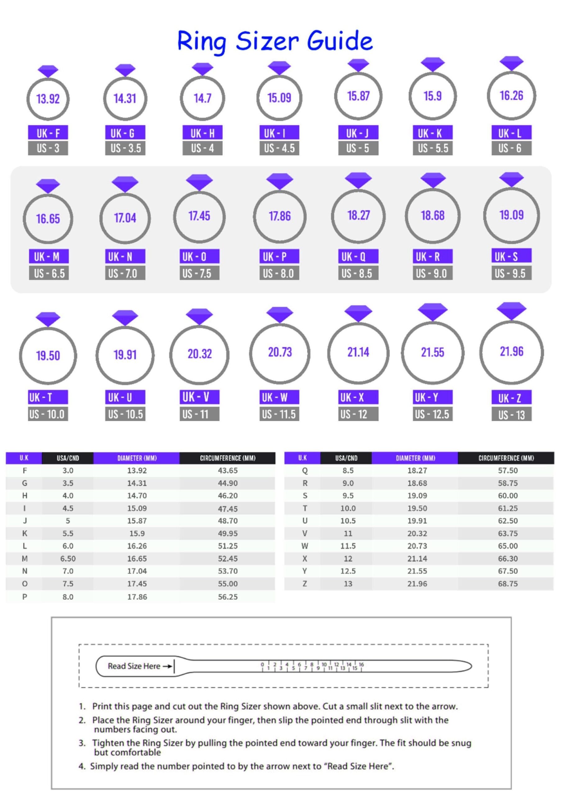 Printable Ring Sizer Ring Size Inches Printable Measuring Tool International Ring Size Chart Measure Ring Size Instant Download Etsy