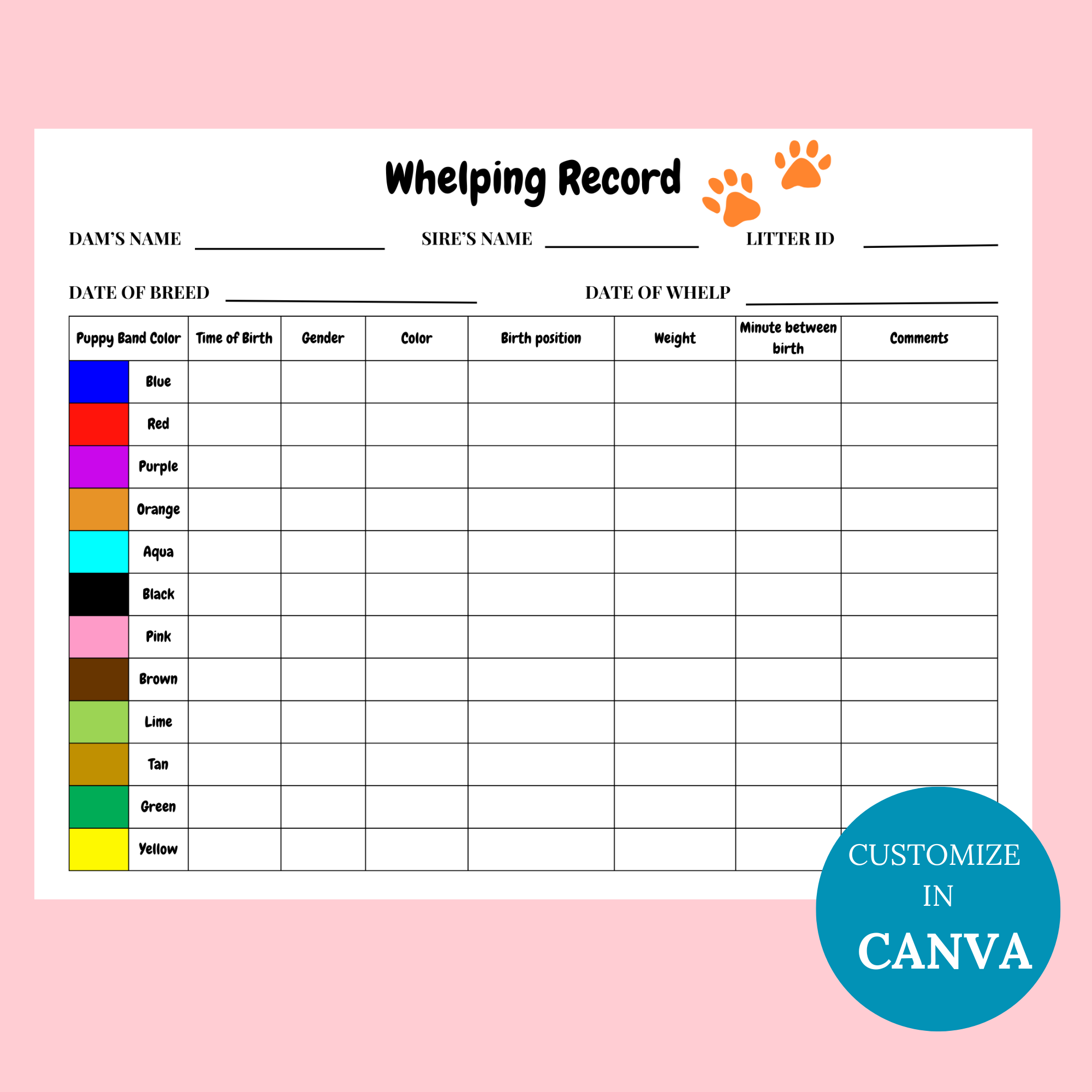 Puppy Whelping Chart PDF Printable Instant Download