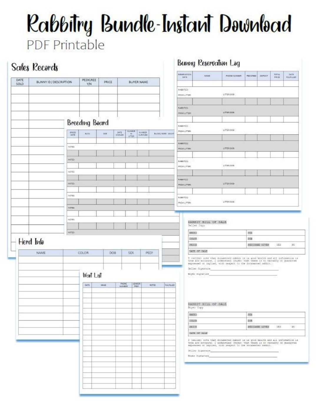 Rabbitry Record Keeping Bundle Printable Instant Download Pdf Etsy