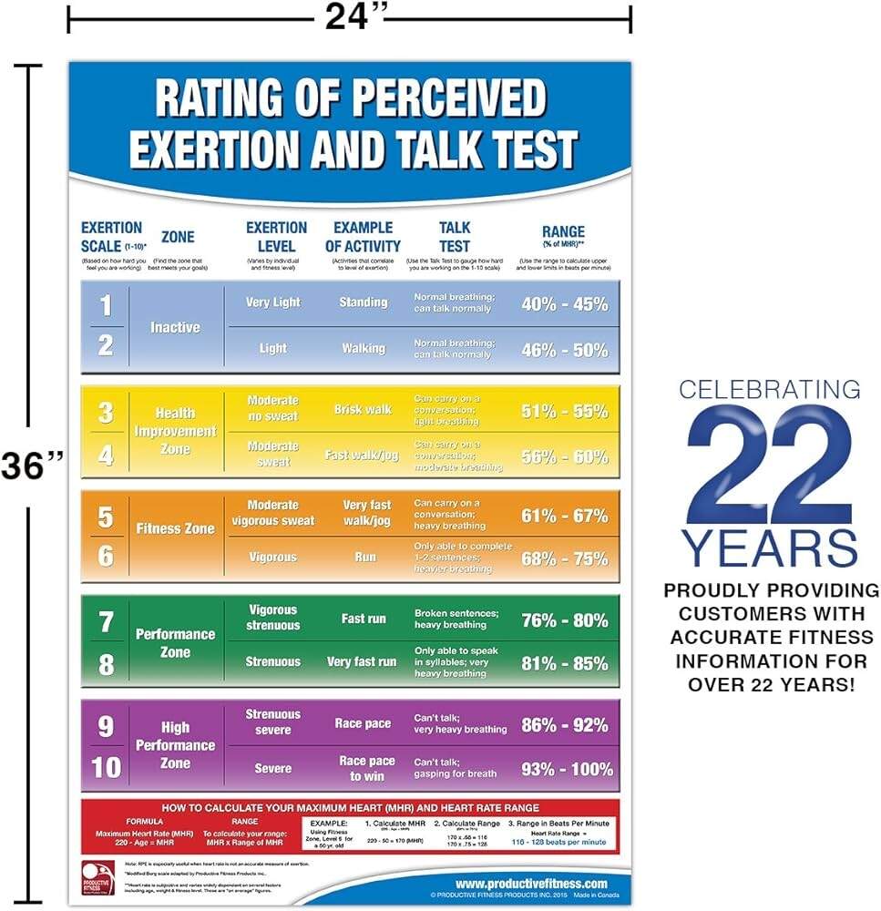 Rating Of Perceived Exertion Chart Poster RPE Poster Talk Test Chart Fitness Posters For Gyms Borg Scale Heart Beats Per Minute Fitness Heart Rate Exercise Intensity Rating