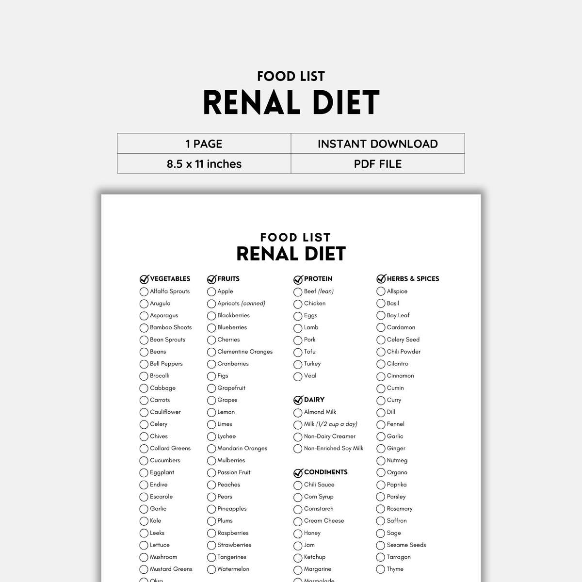 Renal Diet Food List Printable B W PDF Easy Kidney Friendly Foods Guide Digital Download Etsy New Zealand