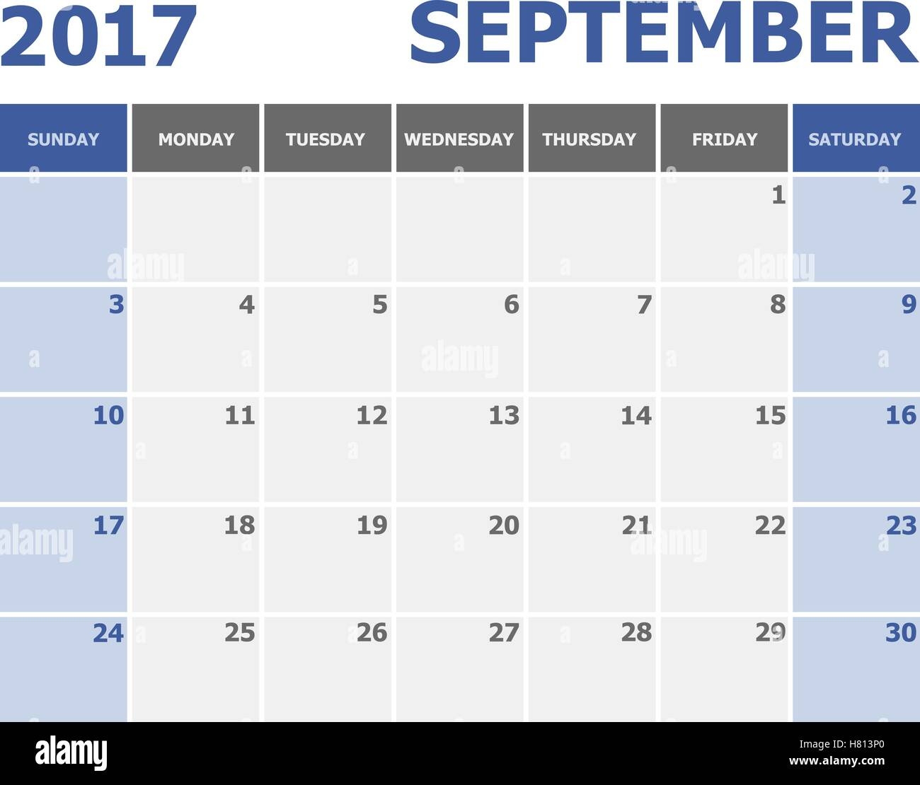 September 2017 Calendar Week Starts On Sunday Stock Vector Images Alamy