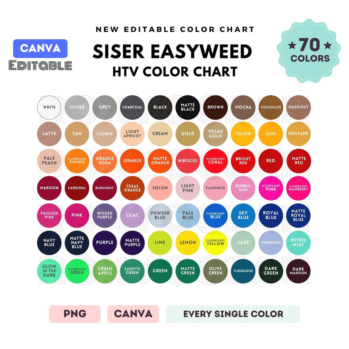 Siser Easyweed Color Chart EDITABLE Canva Template Easyweed Viny Color Chart 70 Colors L HTV Vinyl Color Chart L CANVA Editable Etsy