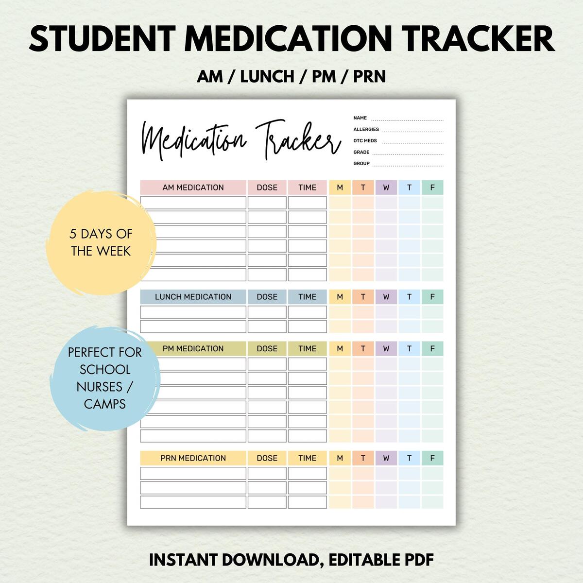 Student Medication Log Printable School Nurse Tracker PDF Etsy